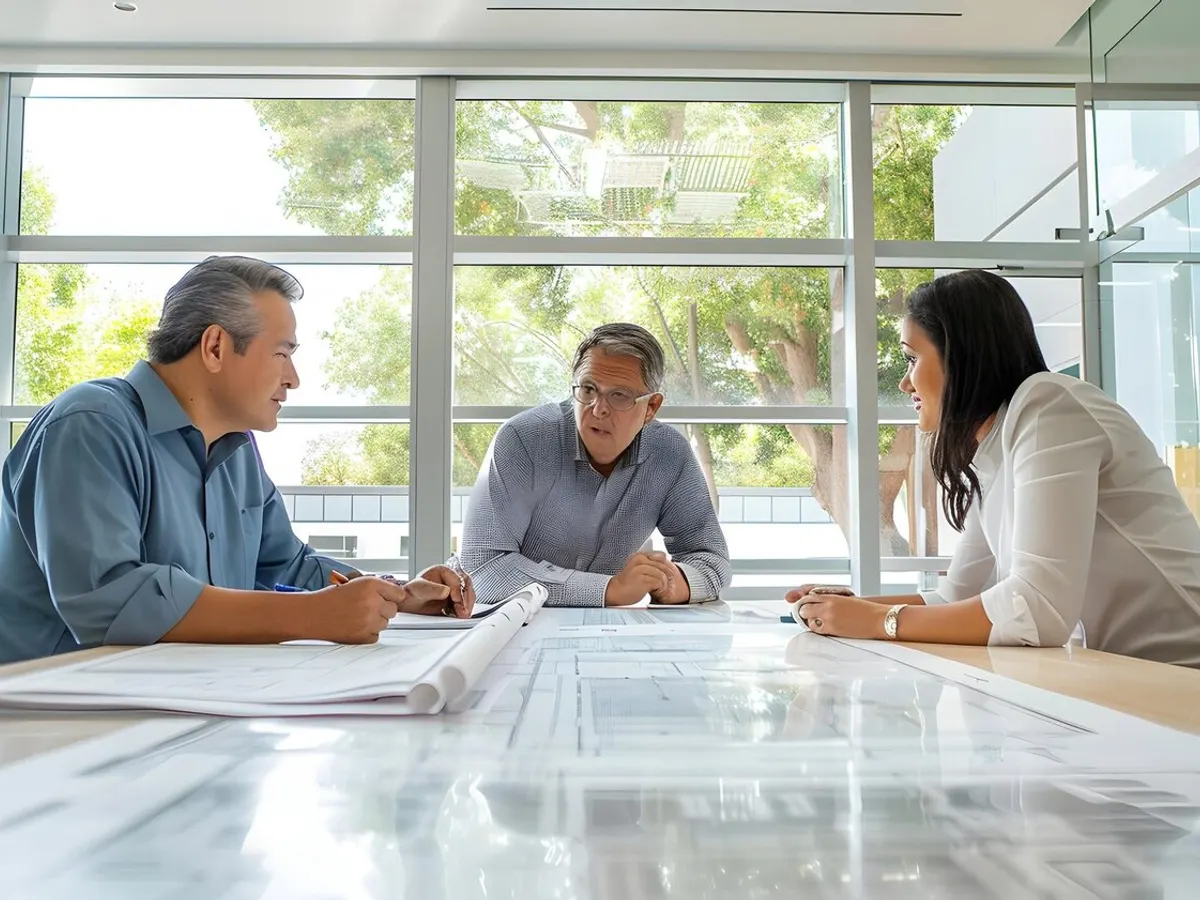 Trois personnes en réunion autour de plans de bâtiment étalés sur une table